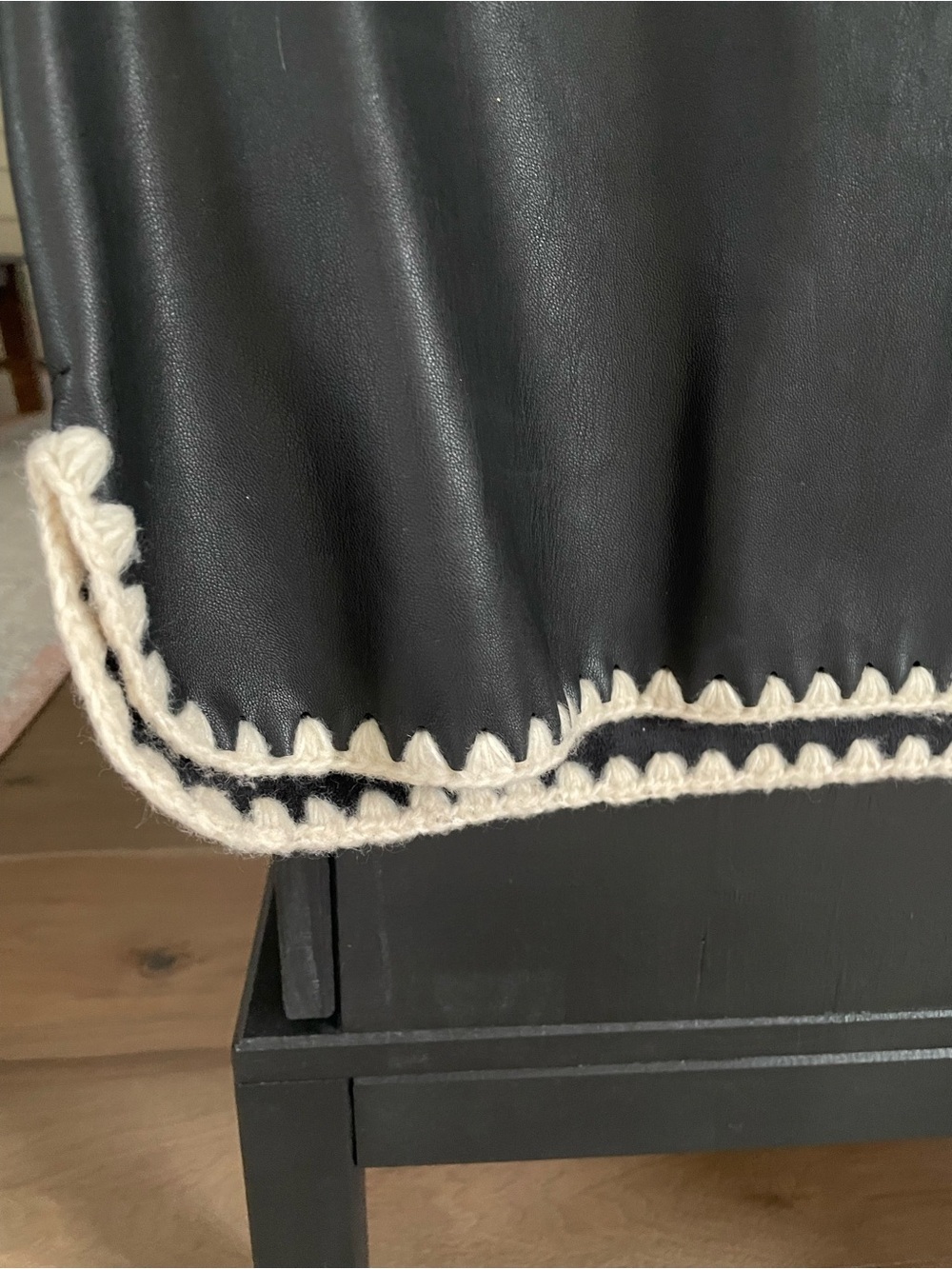 Zara Black Short-Sleeve Faux Leather Top with Cream Knit Trim, small - Picture 3 of 6